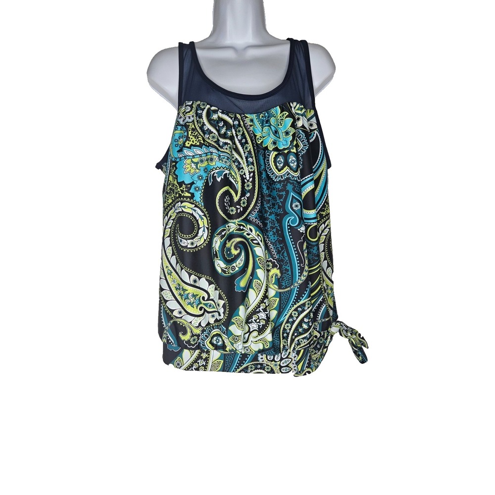 Womens 2XL Boho Paisley Tankini Blue Green Sleeveless Stretch Swim Top